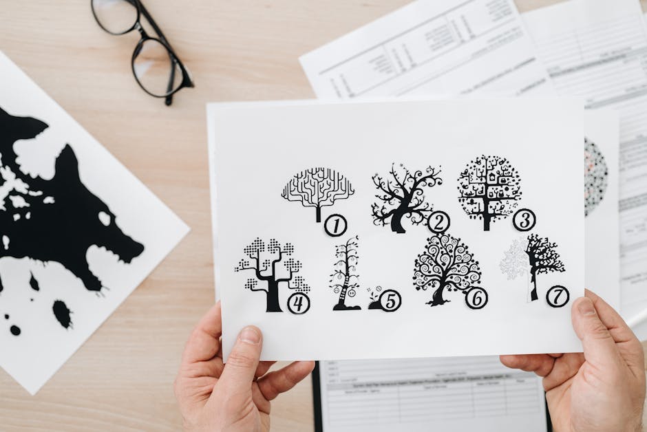 Osoba trzymająca kartkę z graficznymi przedstawieniami różnych drzew w stylu minimalistycznym, na tle dokumentów i okularów.