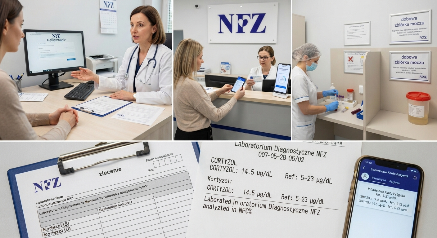 Pacjentka w laboratorium podczas pobierania krwi do badania kortyzolu na NFZ i diagnostyki hormonalnej