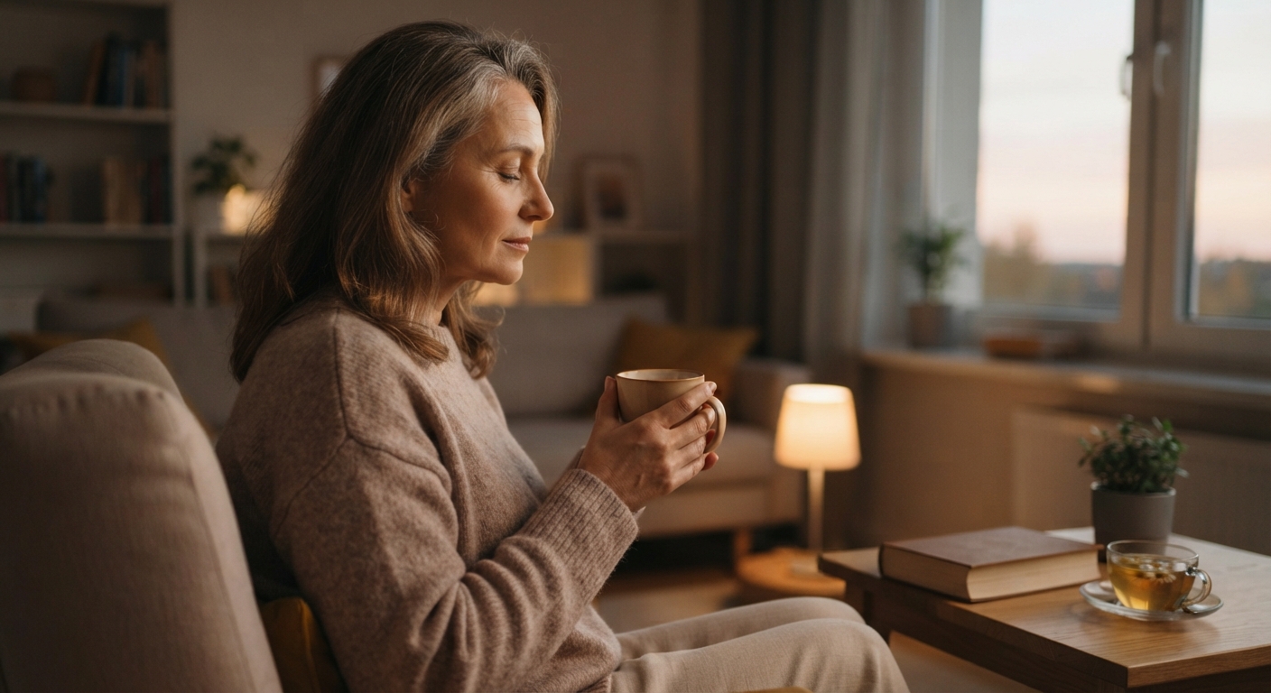 Kobieta w menopauzie w spokojnym otoczeniu - ilustracja wyjaśniająca, dlaczego kortyzol rośnie w czasie menopauzy i jak odzyskać równowagę